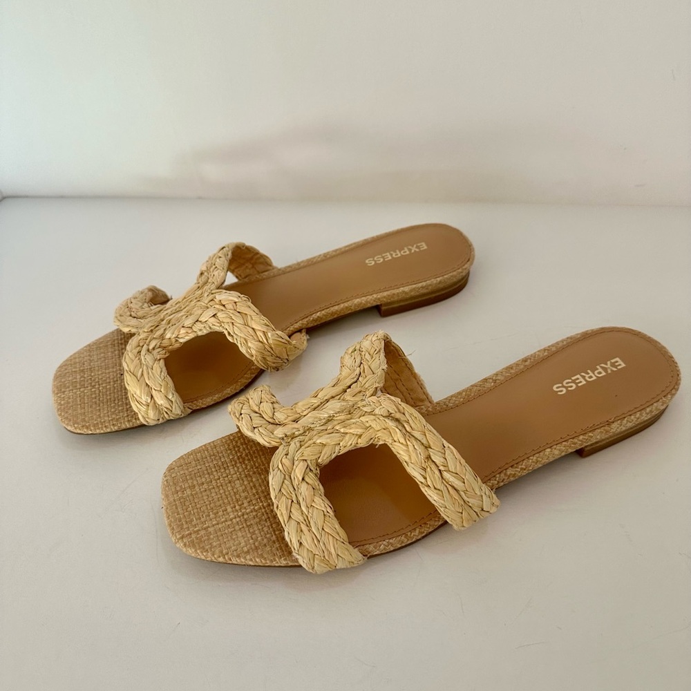 Express Women’s Light Braided Rattan Straw Slip On Slides Sandals tan In Size 8 - Picture 9 of 11